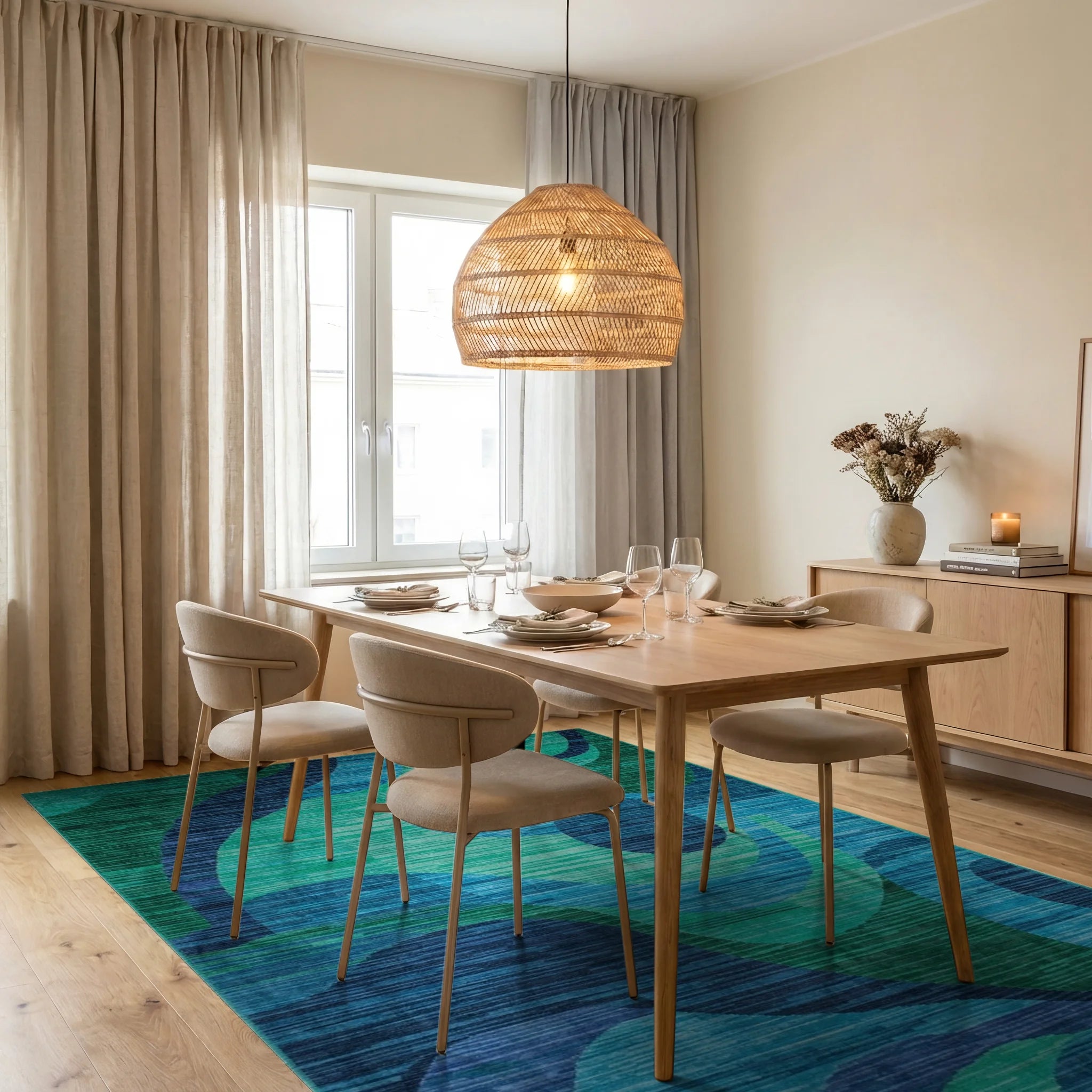 Deep Teal Swirling Ocean Waves Rug - Dining Room View