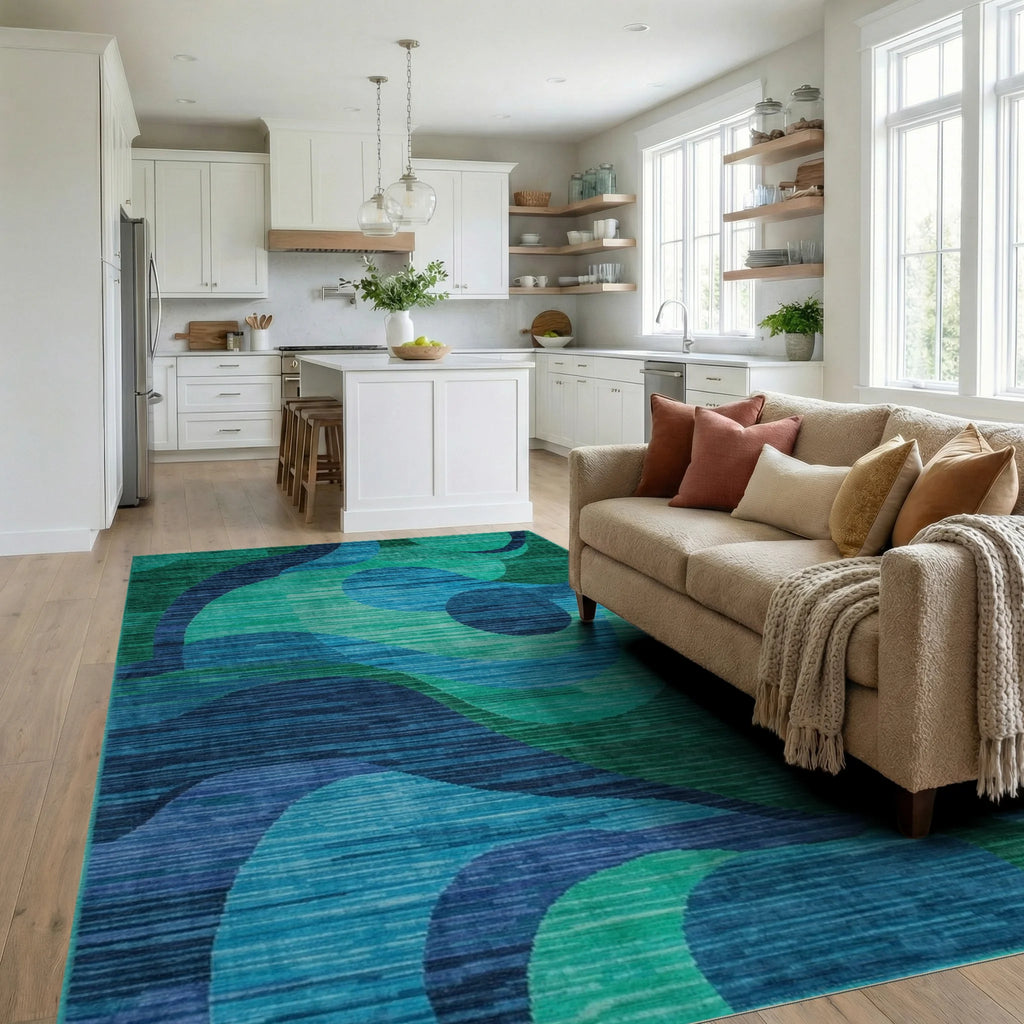 Deep Teal Swirling Ocean Waves Rug - Living Room View
