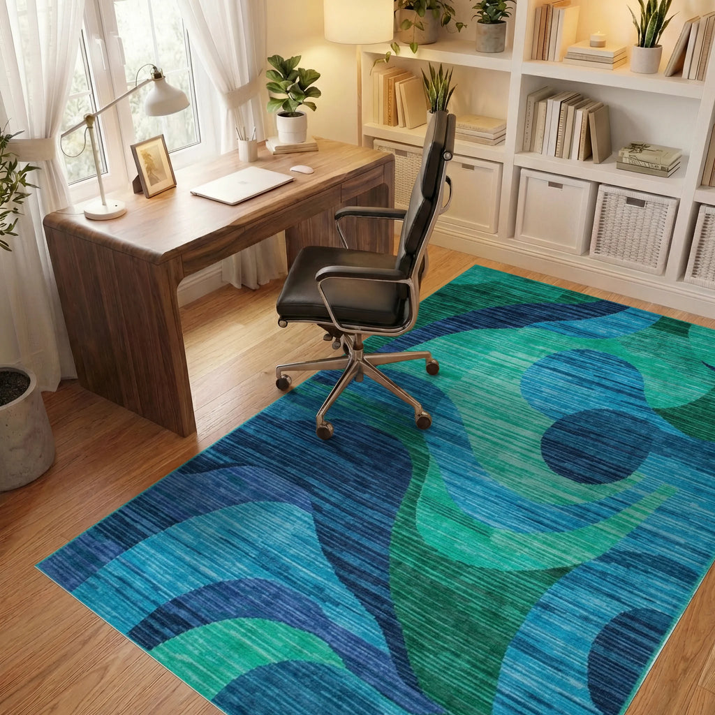Deep Teal Swirling Ocean Waves Rug - Office View
