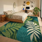 Deep Teal Tropical Palm Leaves Rug - Bedroom View