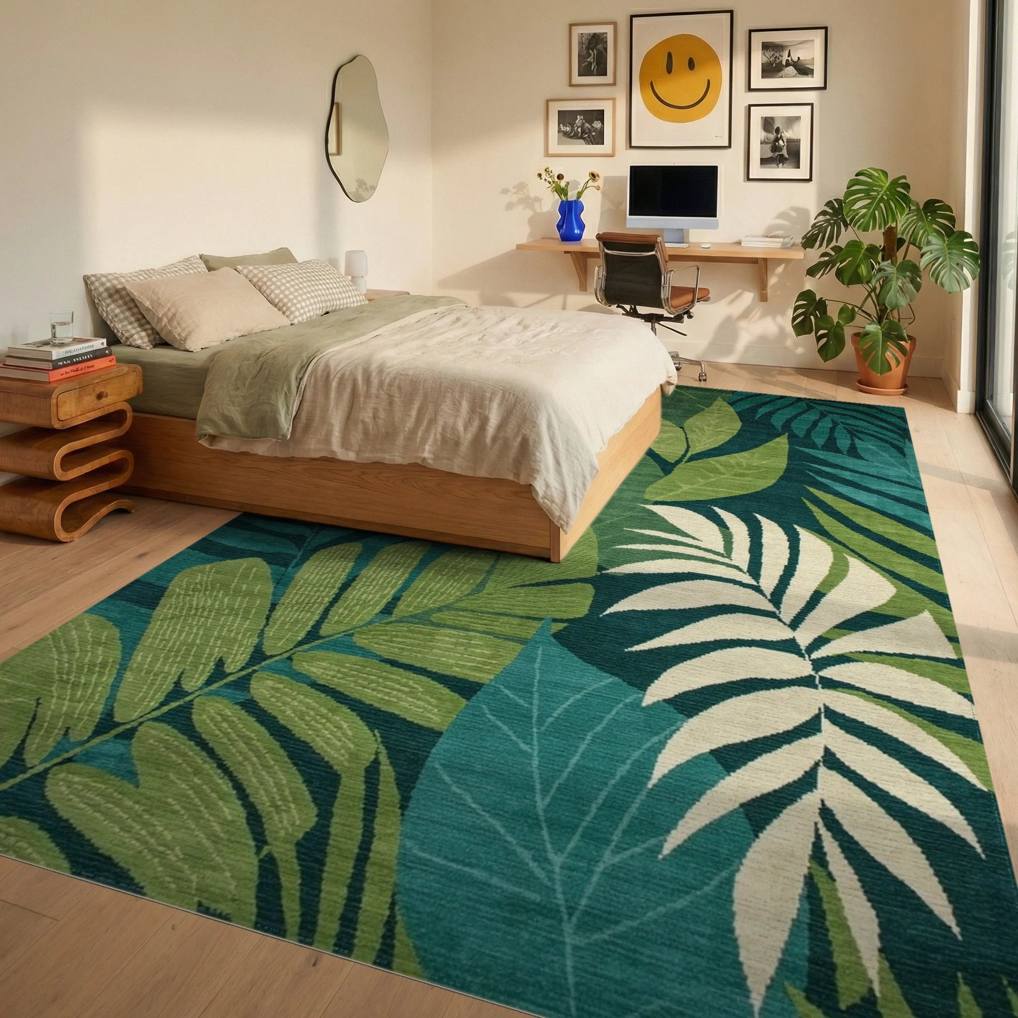 Deep Teal Tropical Palm Leaves Rug - Bedroom View