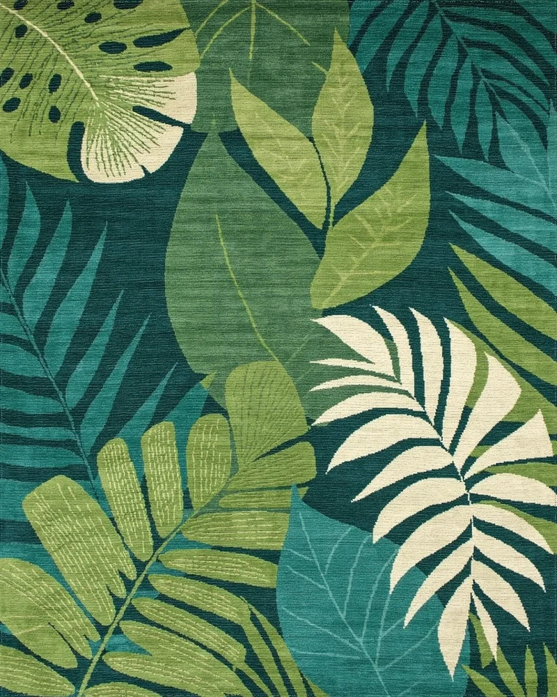 Deep Teal Tropical Palm Leaves Rug - Cutout View