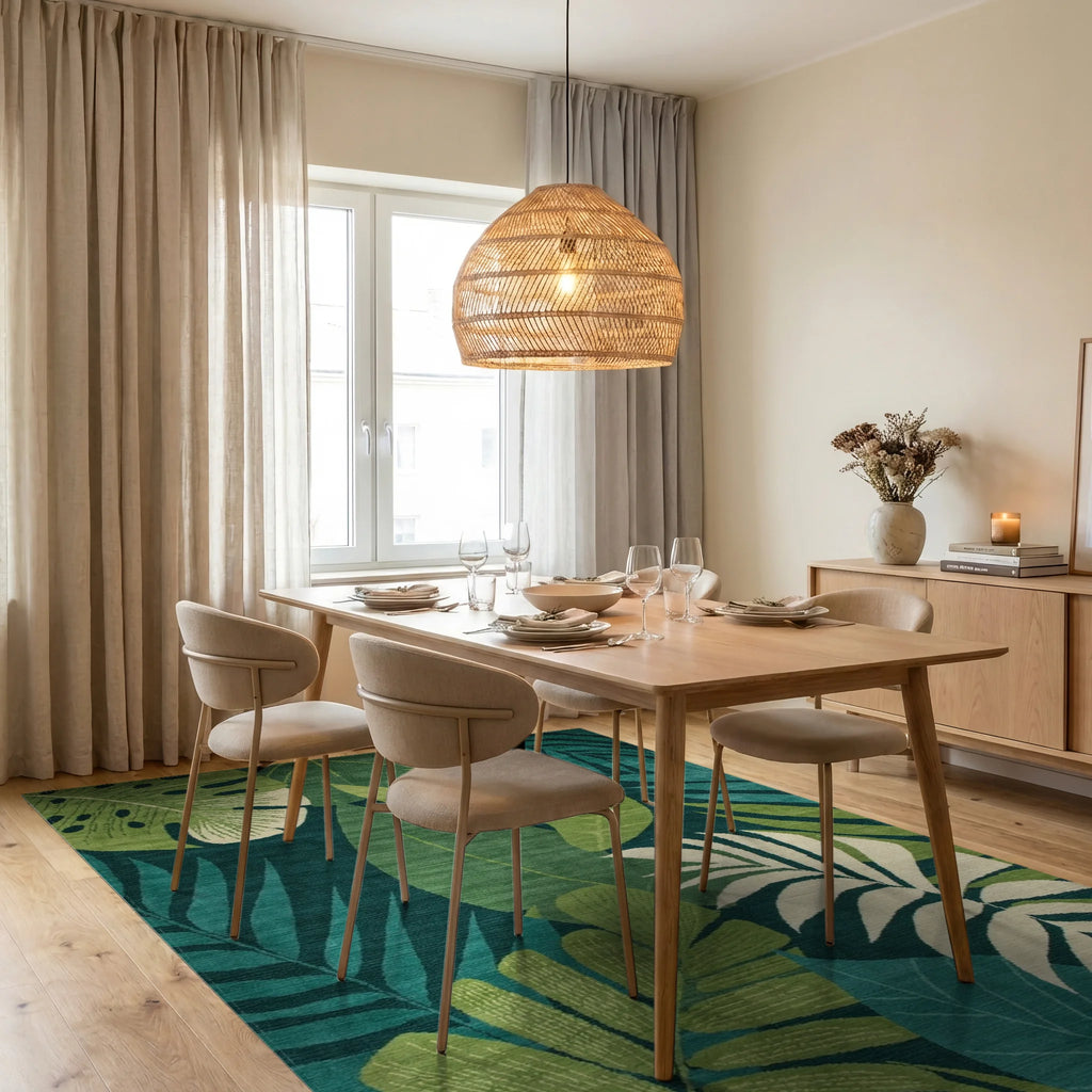 Deep Teal Tropical Palm Leaves Rug - Dining Room View