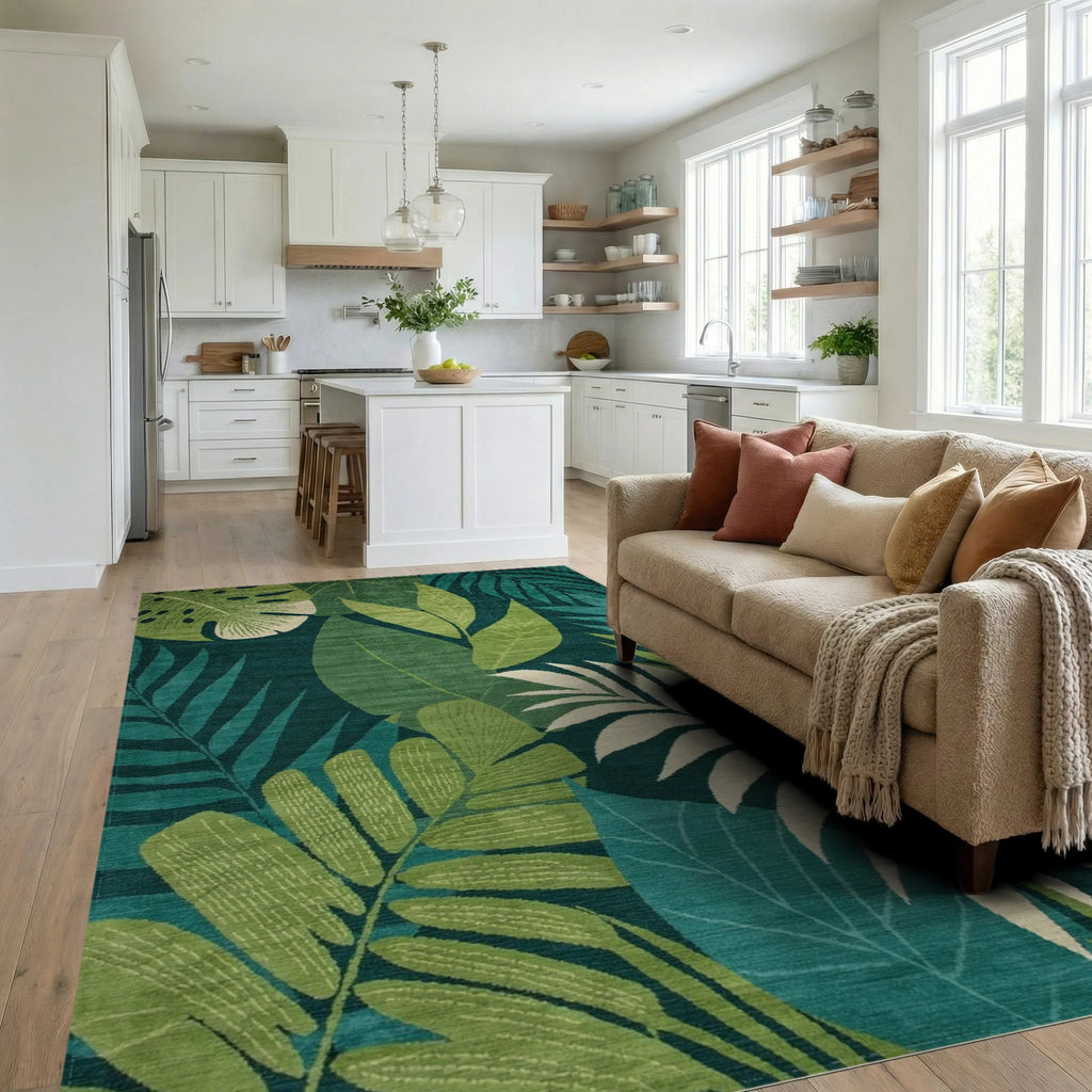 Deep Teal Tropical Palm Leaves Rug - Living Room View
