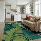 Deep Teal Tropical Palm Leaves Rug - Living Room View