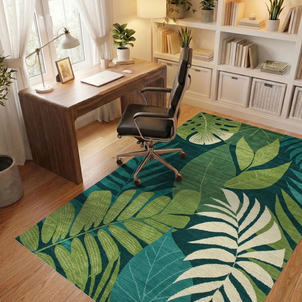 Deep Teal Tropical Palm Leaves Rug - Office View