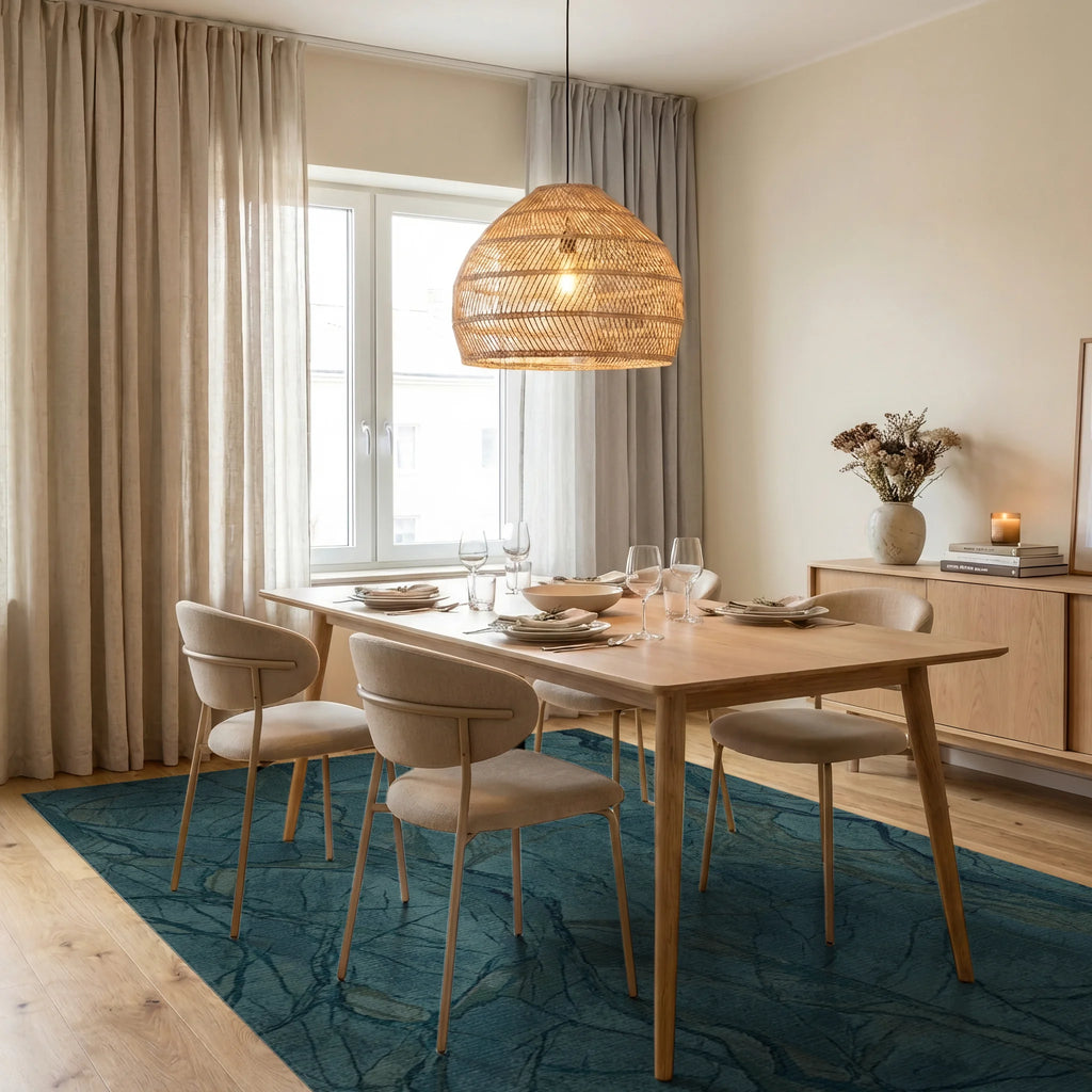 Deep Teal Veined Abstract Marble Rug Dining Room View
