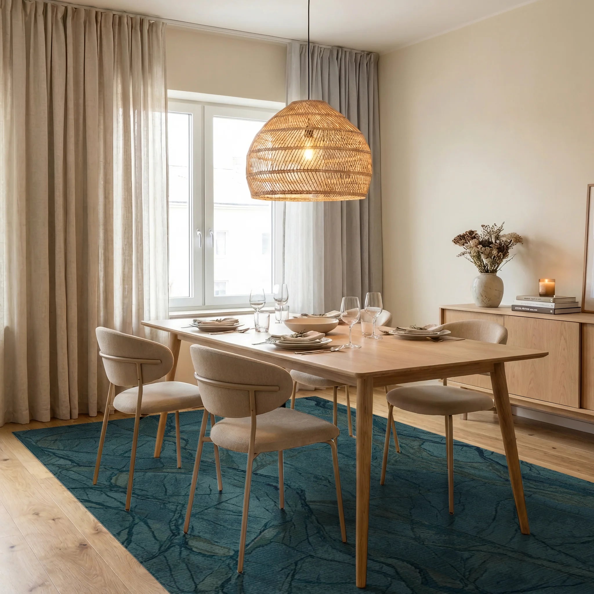 Deep Teal Veined Abstract Marble Rug Dining Room View