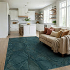 Deep Teal Veined Abstract Marble Rug Living Room View