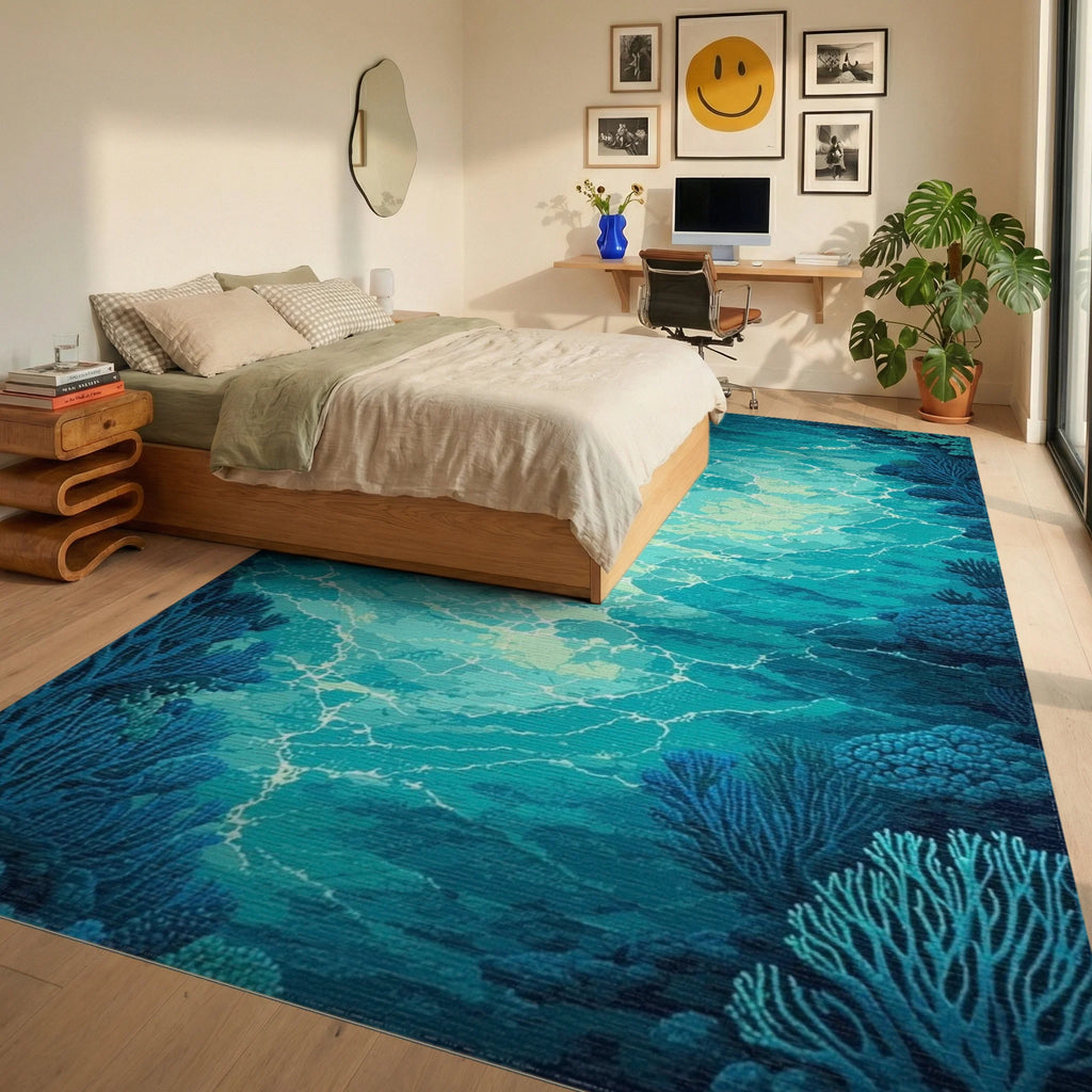 Deep Teal Wavy Coral Glow Rug Bedroom View