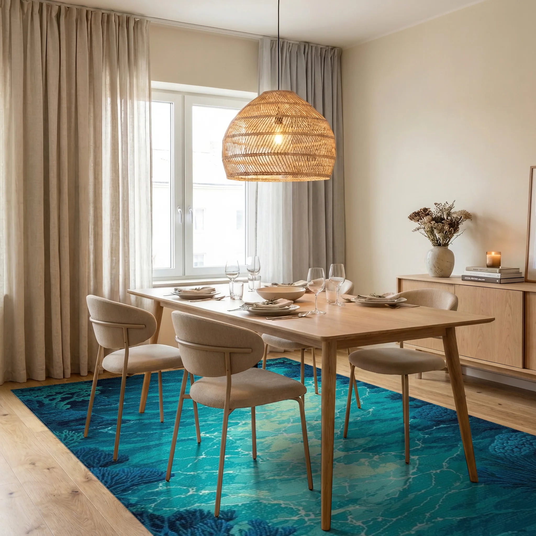 Deep Teal Wavy Coral Glow Rug Dining Room View