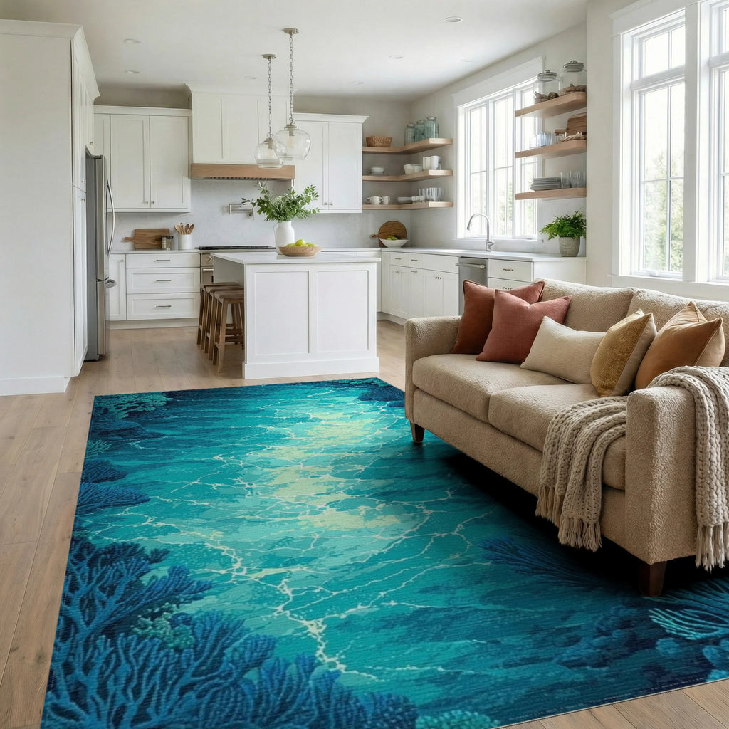 Deep Teal Wavy Coral Glow Rug Living Room View