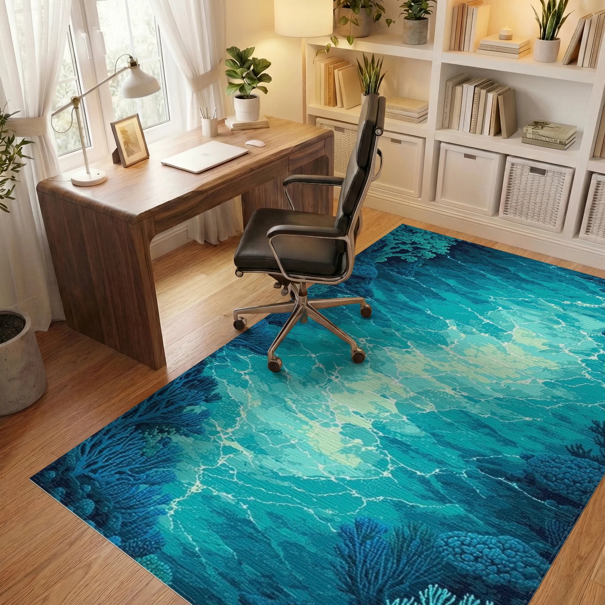 Deep Teal Wavy Coral Glow Rug Office View
