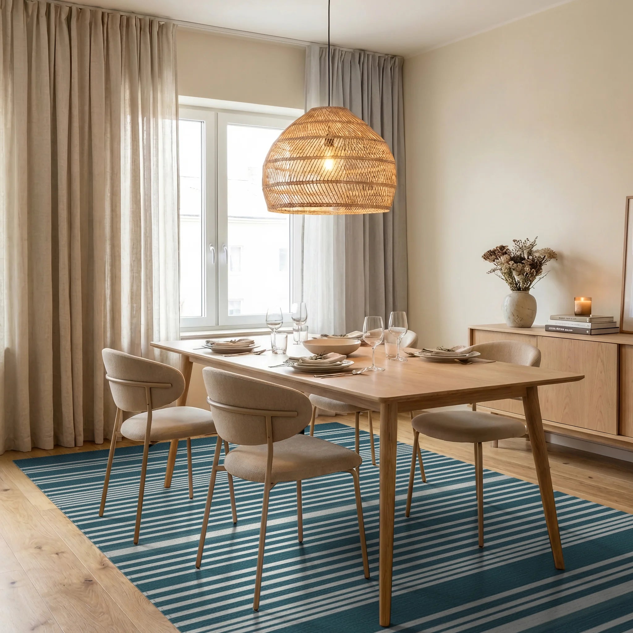 Deep Teal White Subtle Stripe Rug Dining Room View