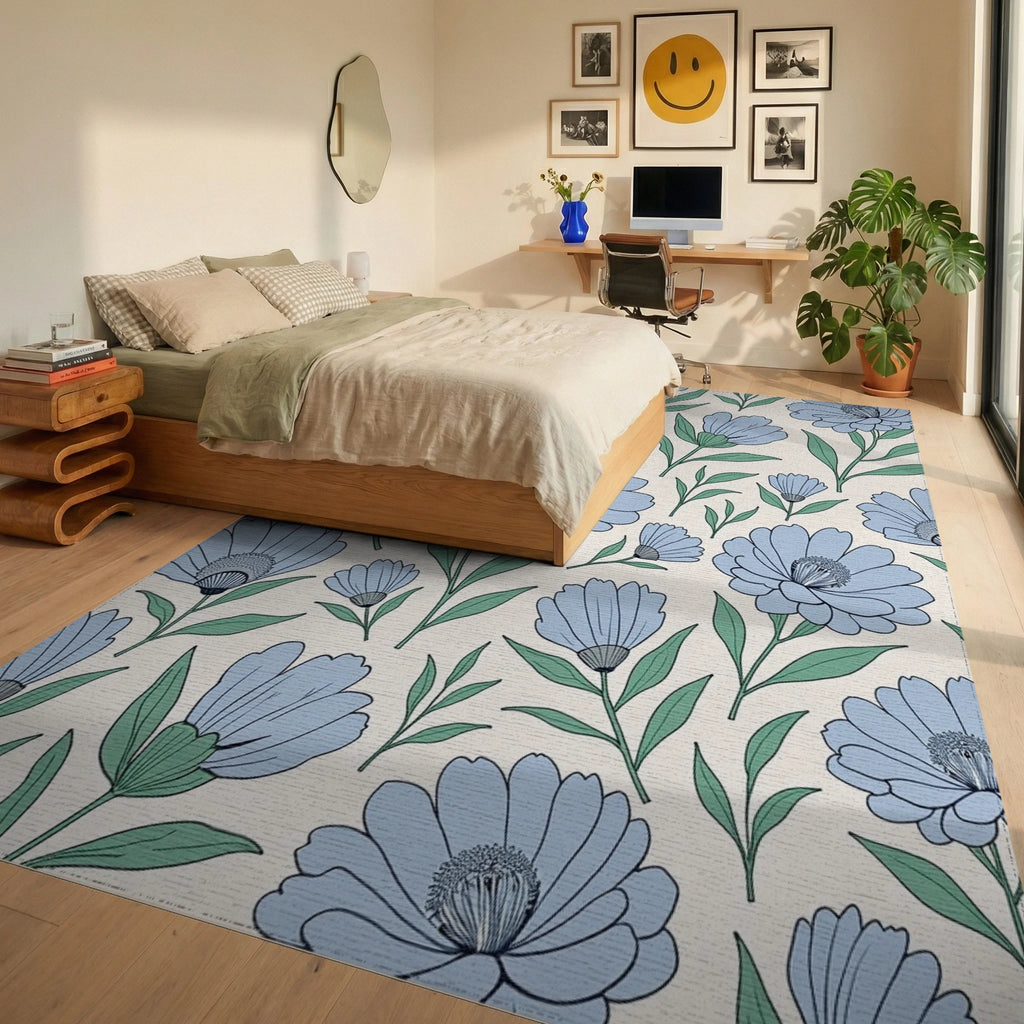 Delicate Blue Floral Pattern Arrangement Rug Bedroom View