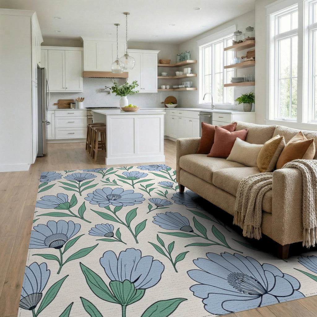 Delicate Blue Floral Pattern Arrangement Rug Living Room View
