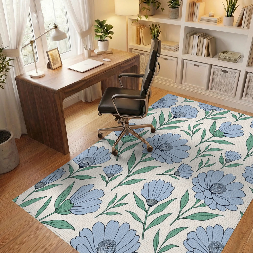 Delicate Blue Floral Pattern Arrangement Rug Office View