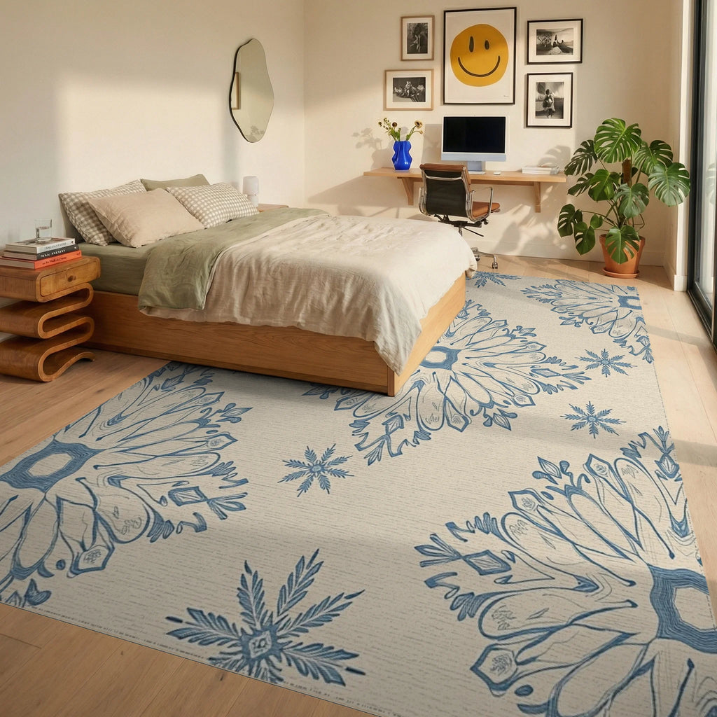 Delicate Blue Snow Flake Medallion Rug - Bedroom View