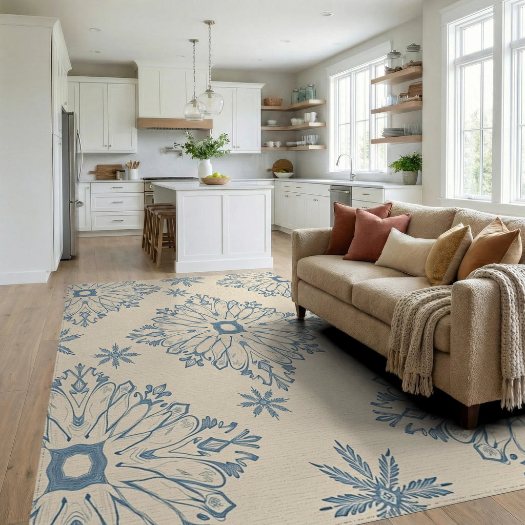 Delicate Blue Snow Flake Medallion Rug - Living Room View