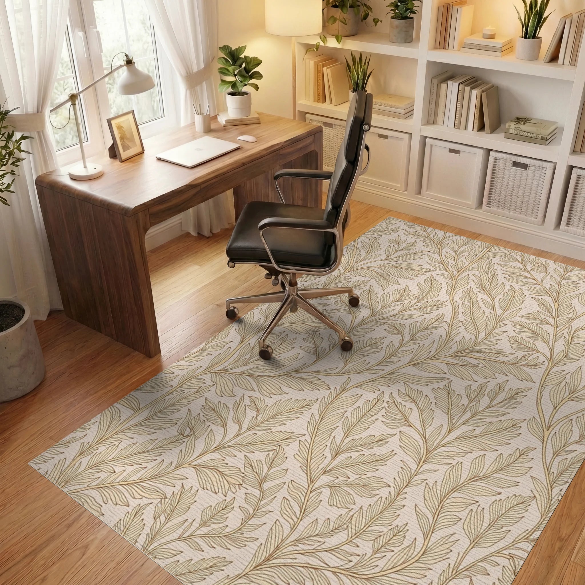 Delicate Feathered Botanical Motif Design Rug Office View