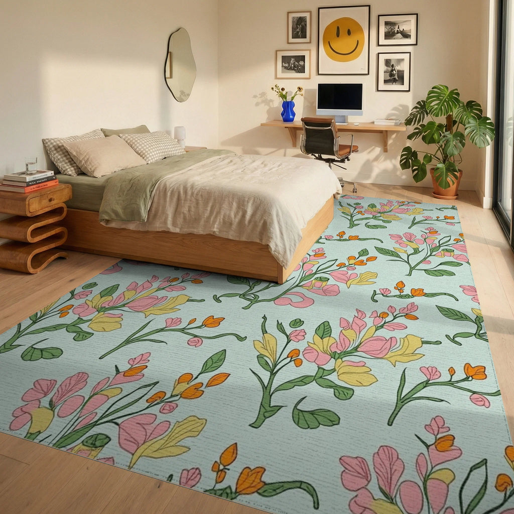 Delicate Floral Pattern With Pastel Hues Rug Bedroom View