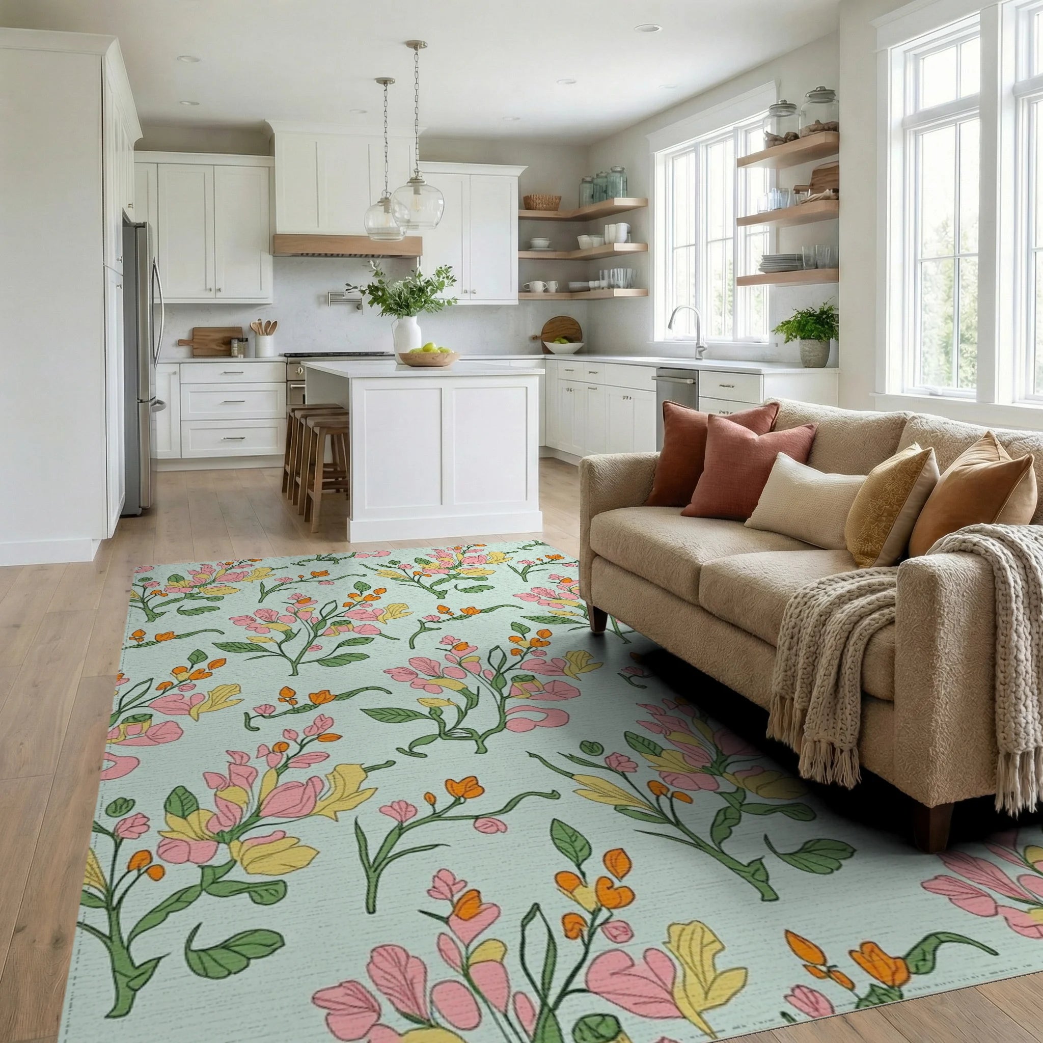 Delicate Floral Pattern With Pastel Hues Rug Living Room View