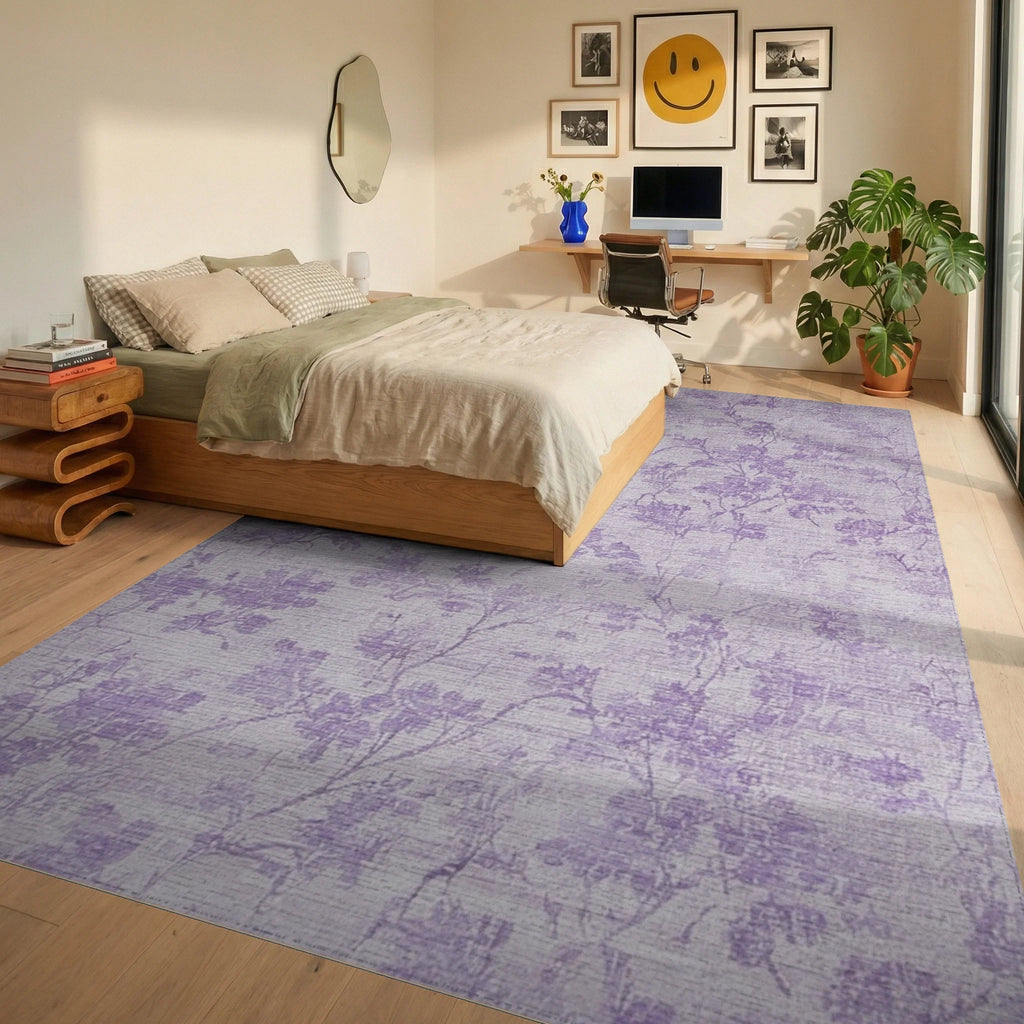 Delicate Lavender Branch Floral Rug - Bedroom View