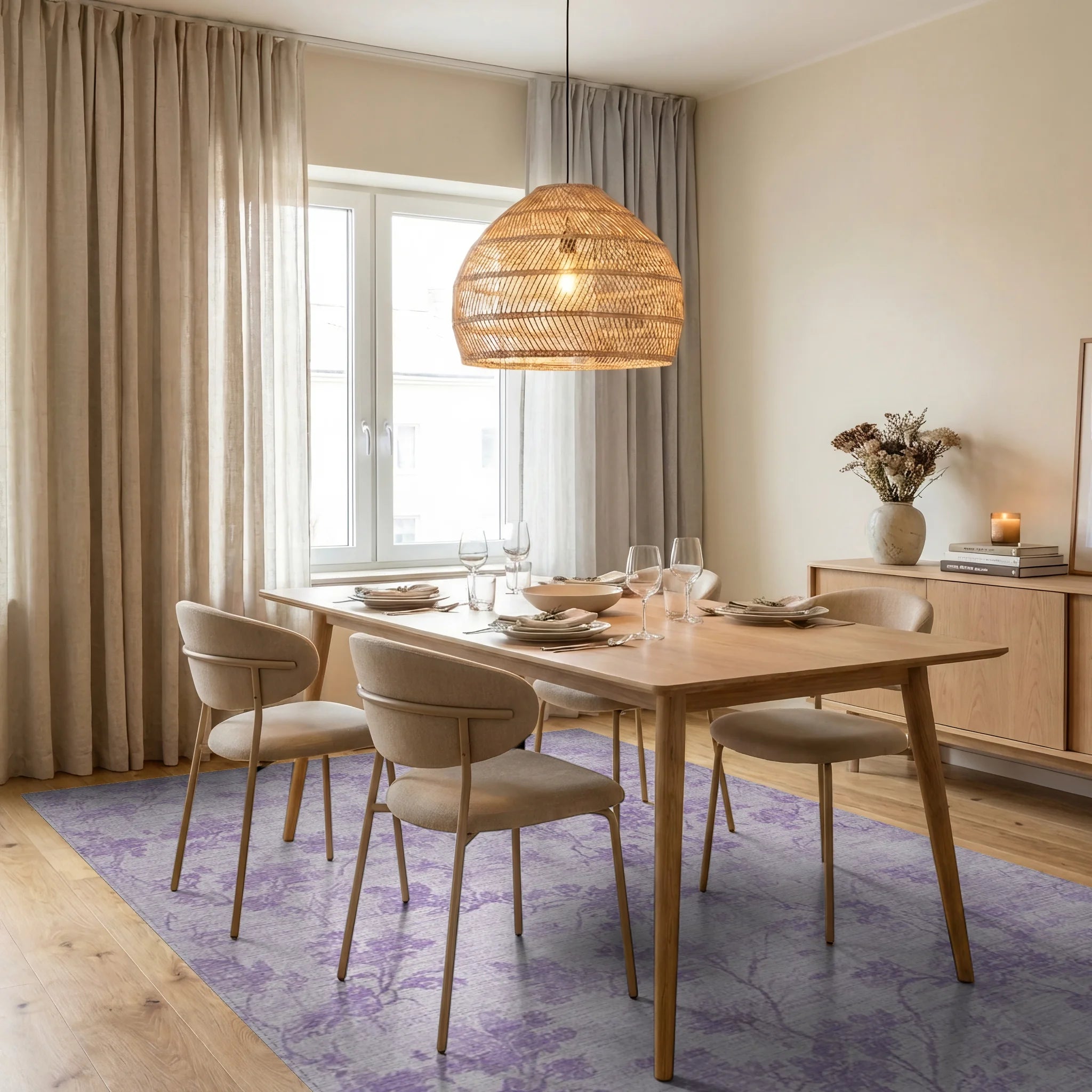 Delicate Lavender Branch Floral Rug - Dining Room View