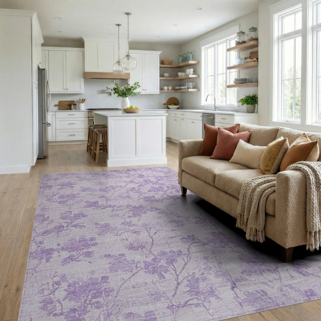 Delicate Lavender Branch Floral Rug - Living Room View
