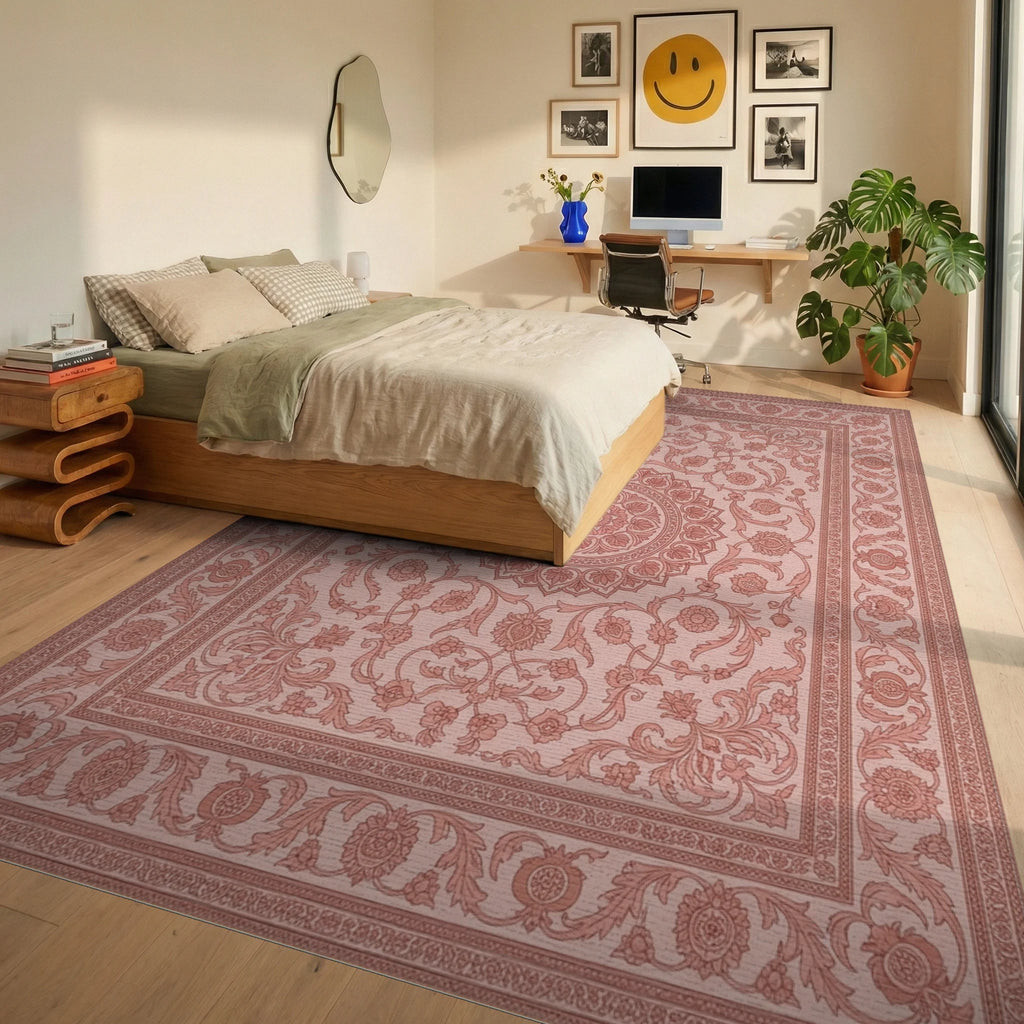 Delicate Pink Floral Mandala Border Rug Bedroom View