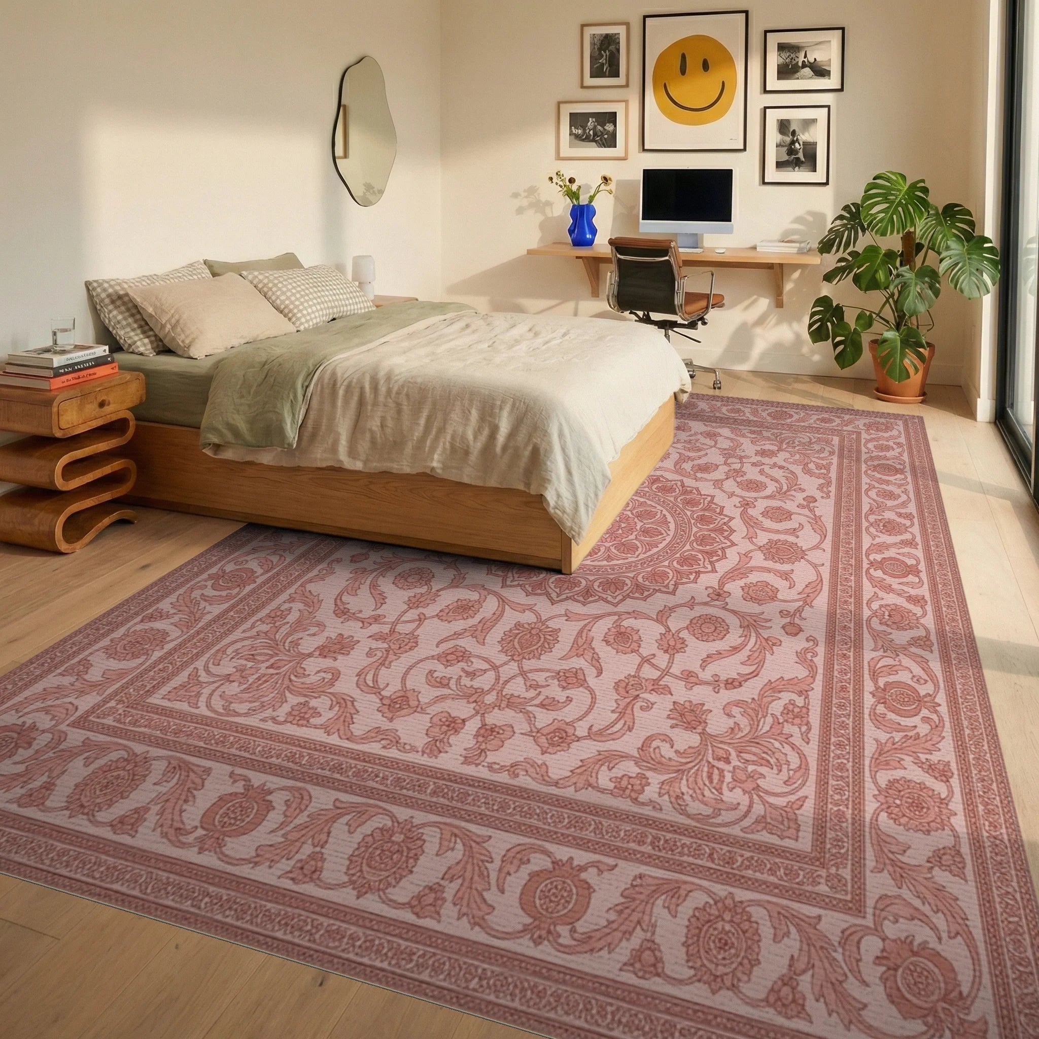Delicate Pink Floral Mandala Border Rug Bedroom View