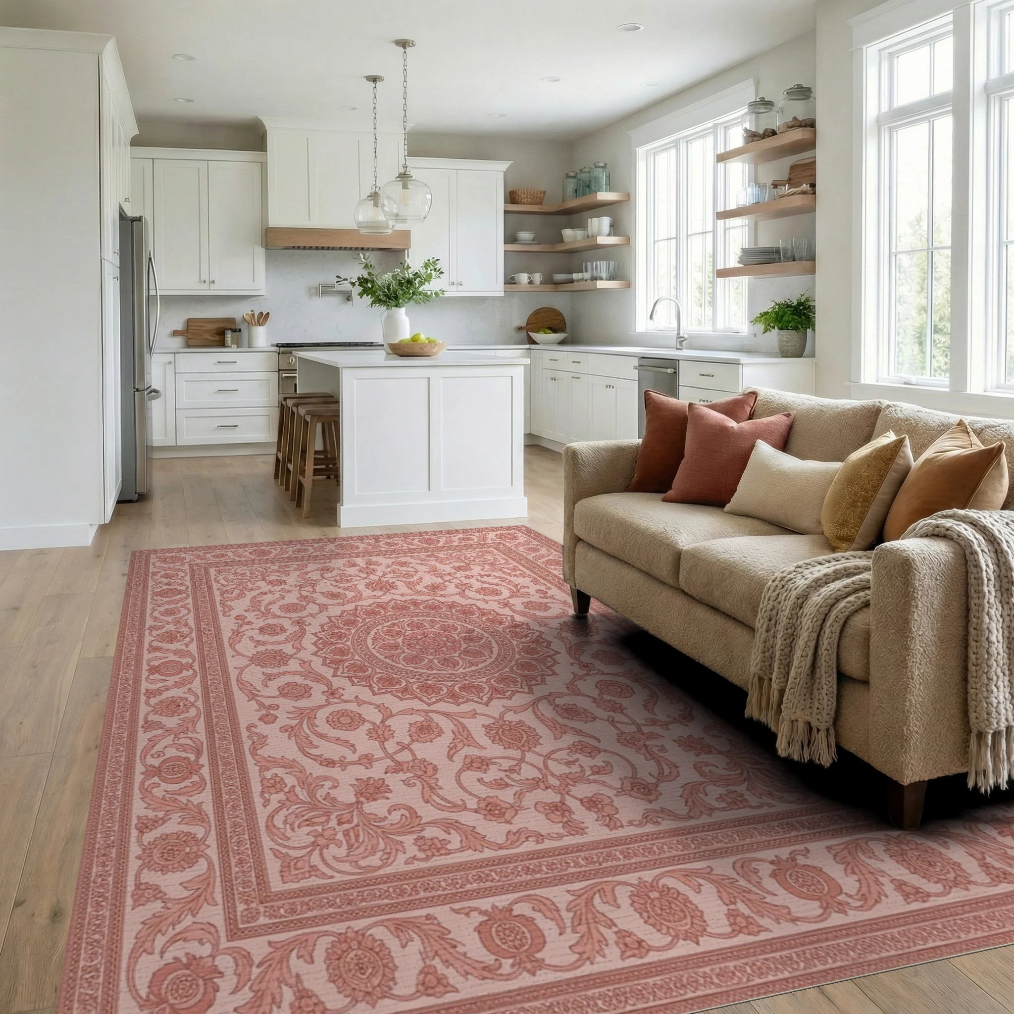 Delicate Pink Floral Mandala Border Rug Living Room View