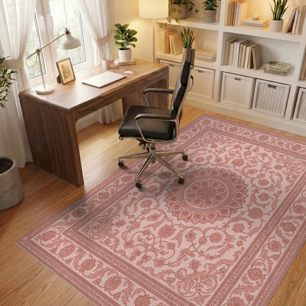 Delicate Pink Floral Mandala Border Rug Office View