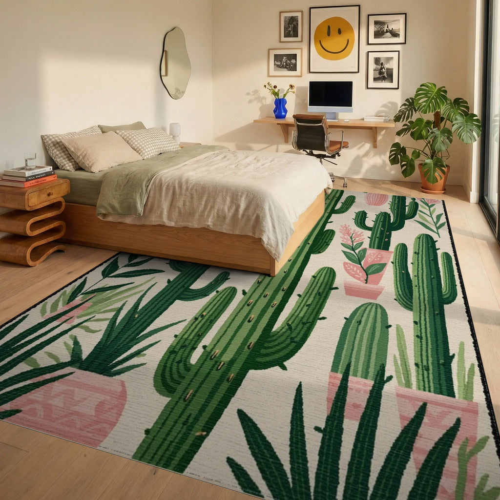 Desert Cactus Garden Pot Arrangement Rug - Bedroom View