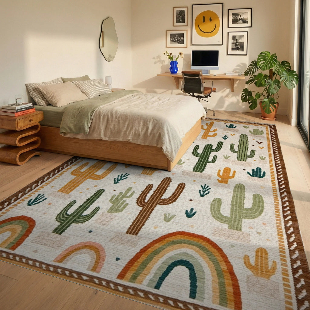 Desert Cactus Rainbow Sun Rug - Bedroom View