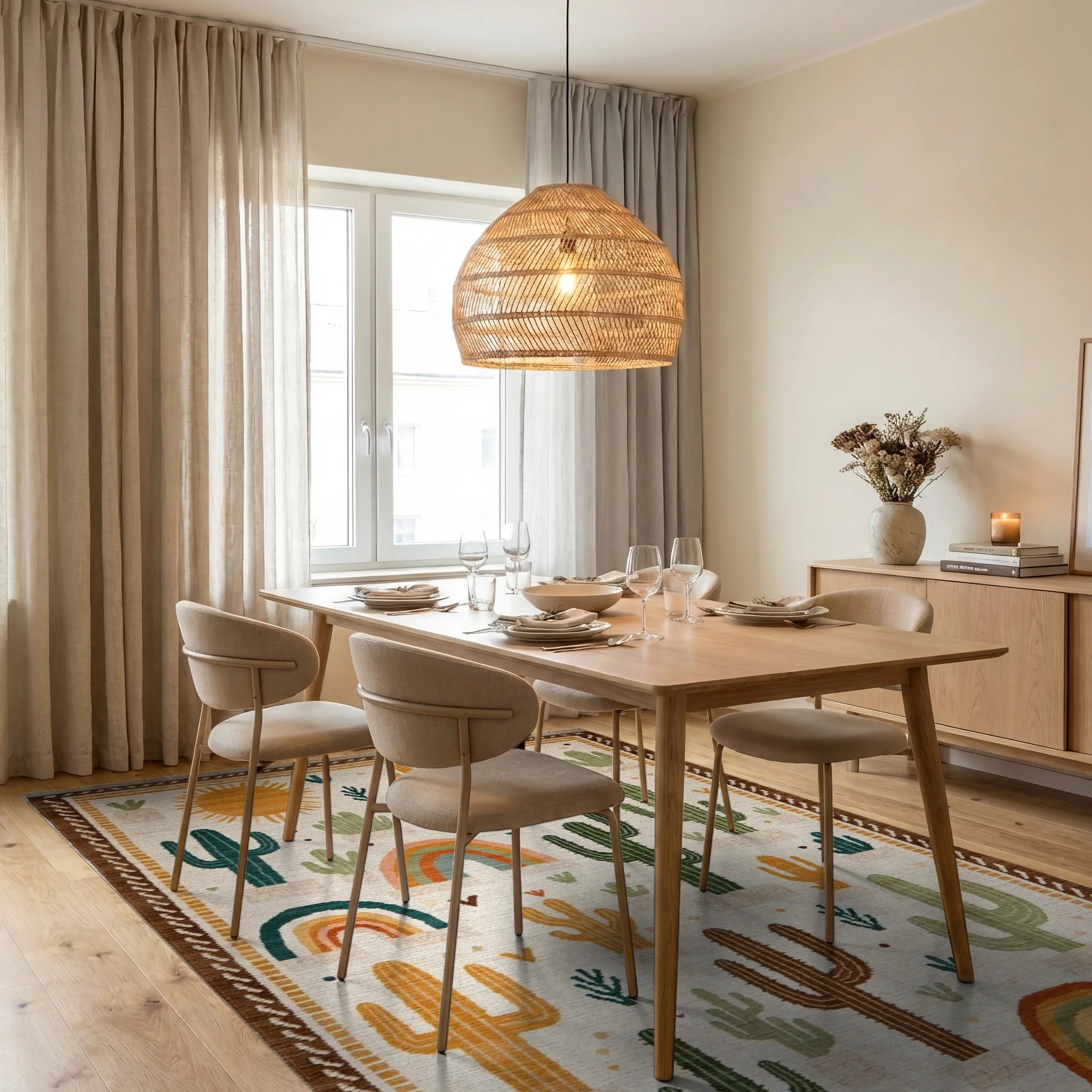 Desert Cactus Rainbow Sun Rug - Dining Room View