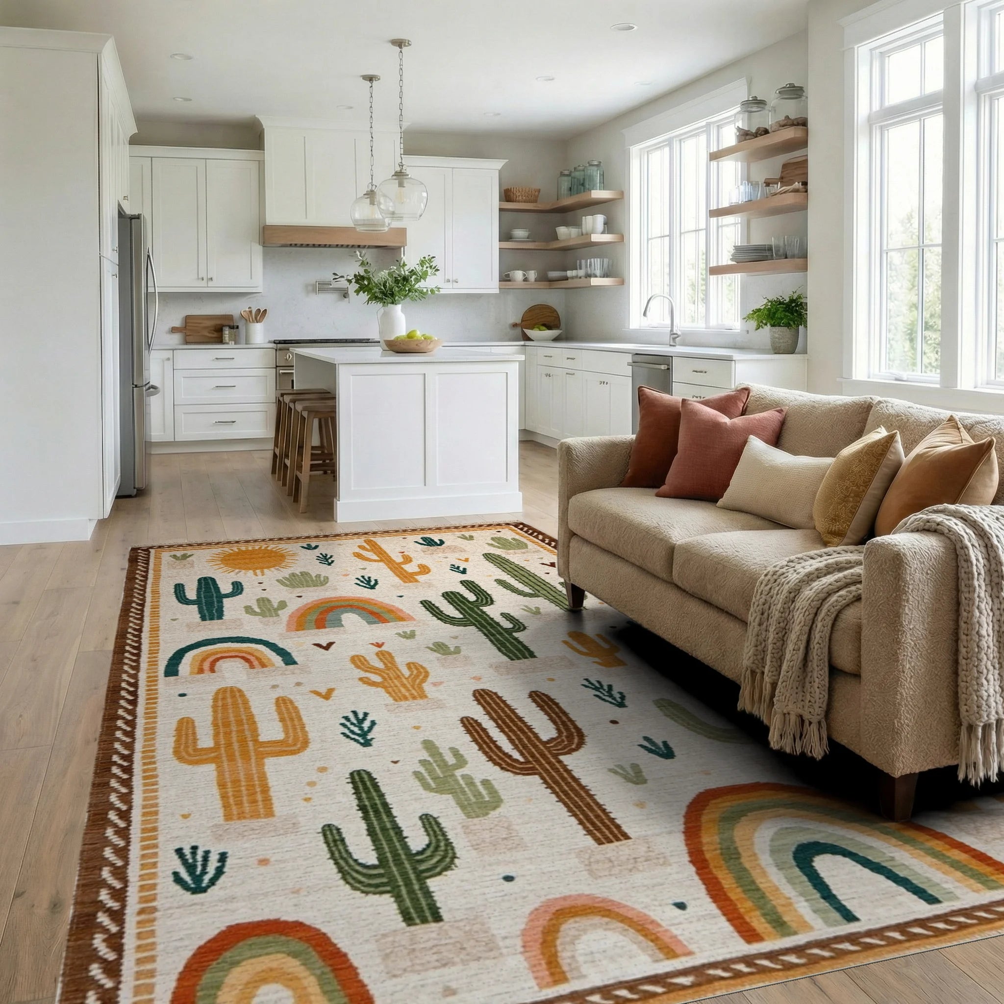 Desert Cactus Rainbow Sun Rug - Living Room View
