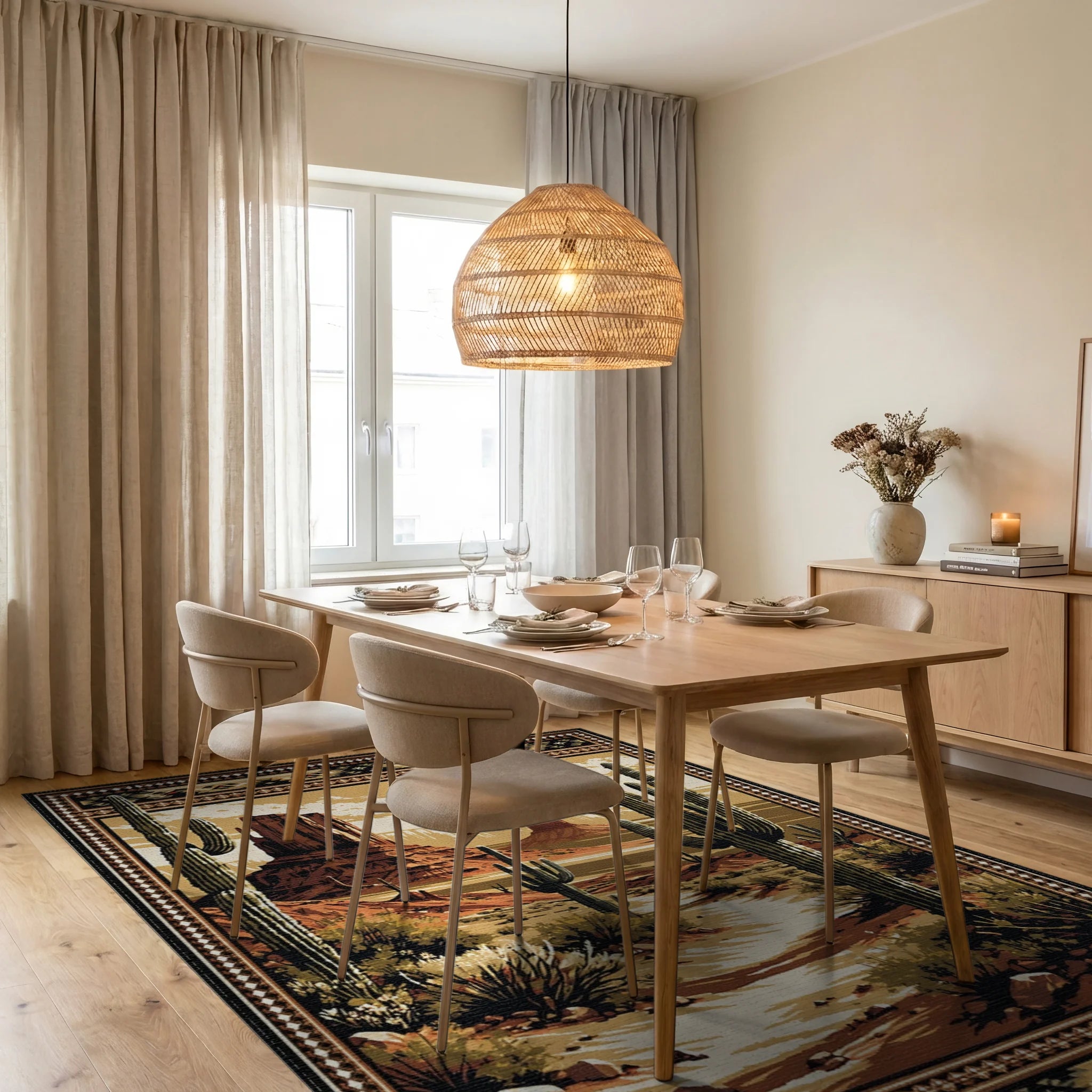 Desert Landscape Saguaro Cactus Tapestry Rug - Dining Room View