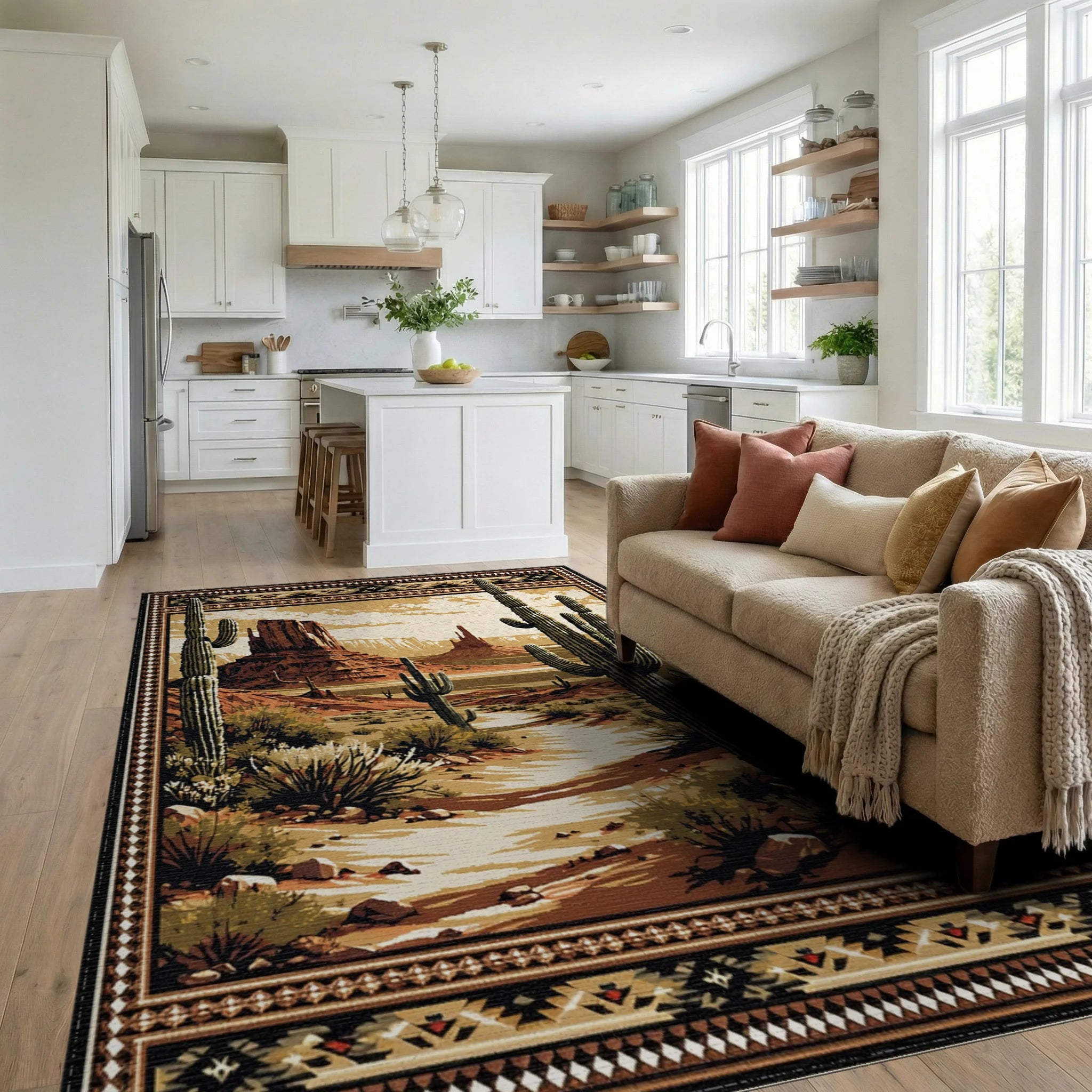 Desert Landscape Saguaro Cactus Tapestry Rug - Living Room View