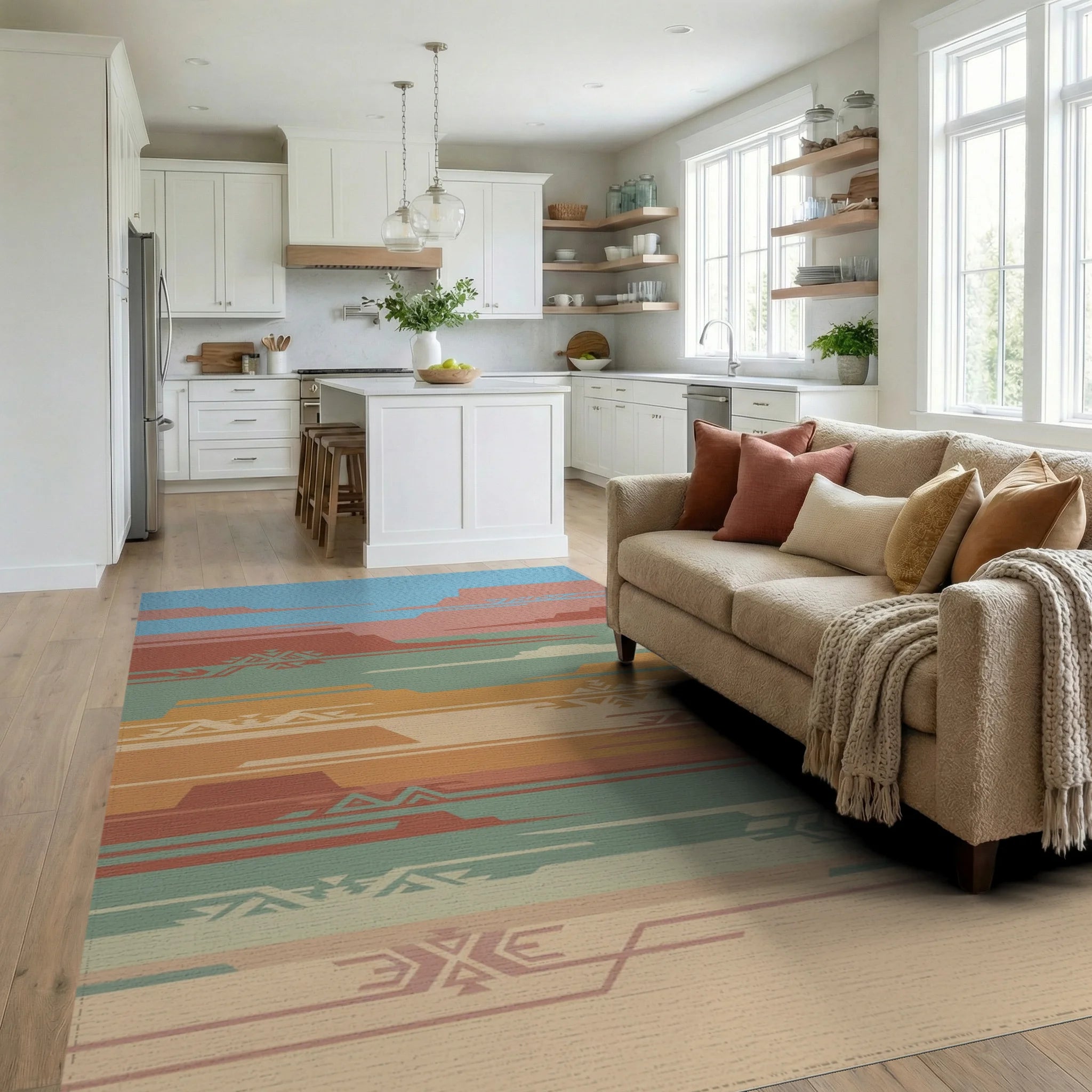 Desert Layers Geometric Southwest Rug Living Room View