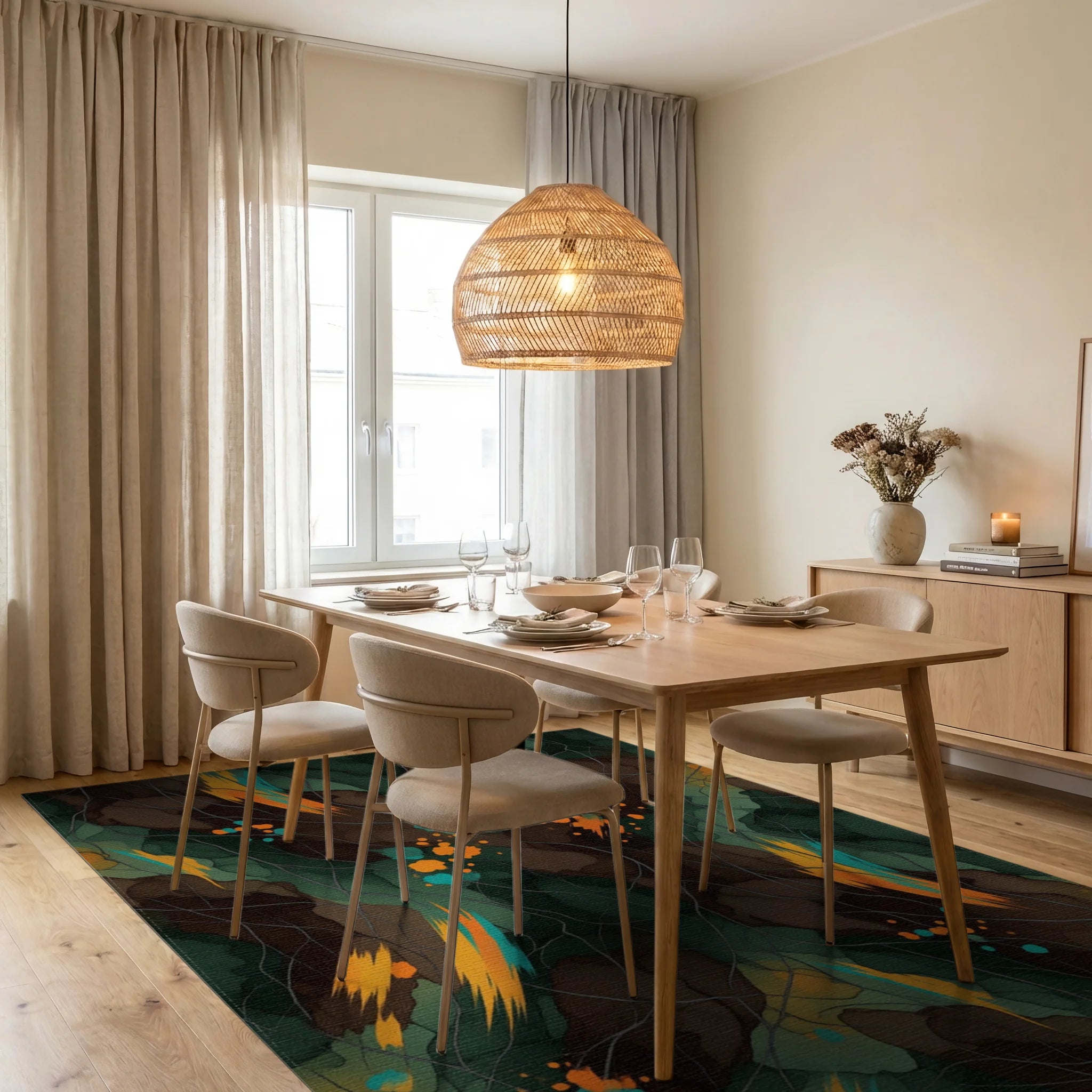 Forest Green Orange Rug - dining_room