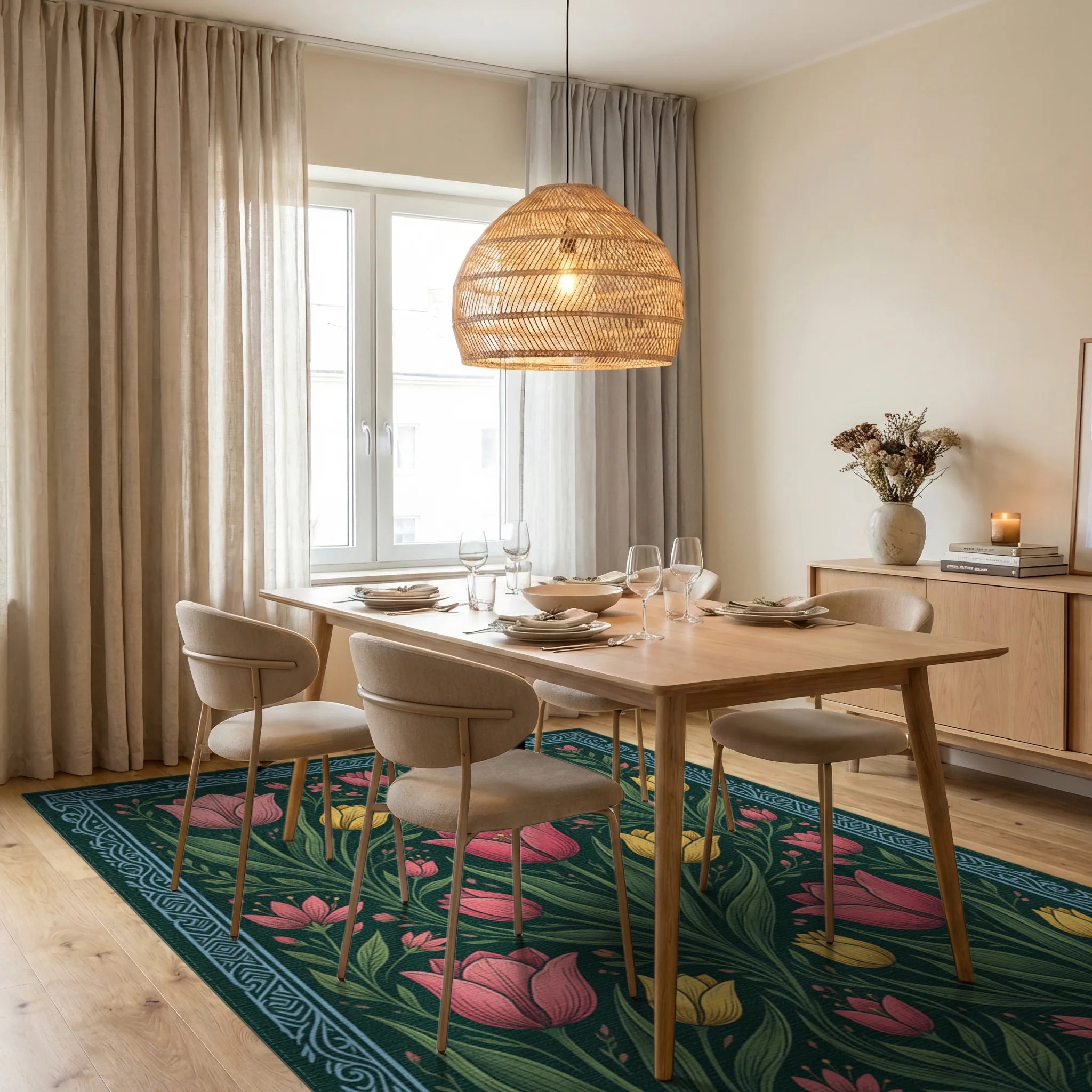 Forest Green Pink Rug - dining_room
