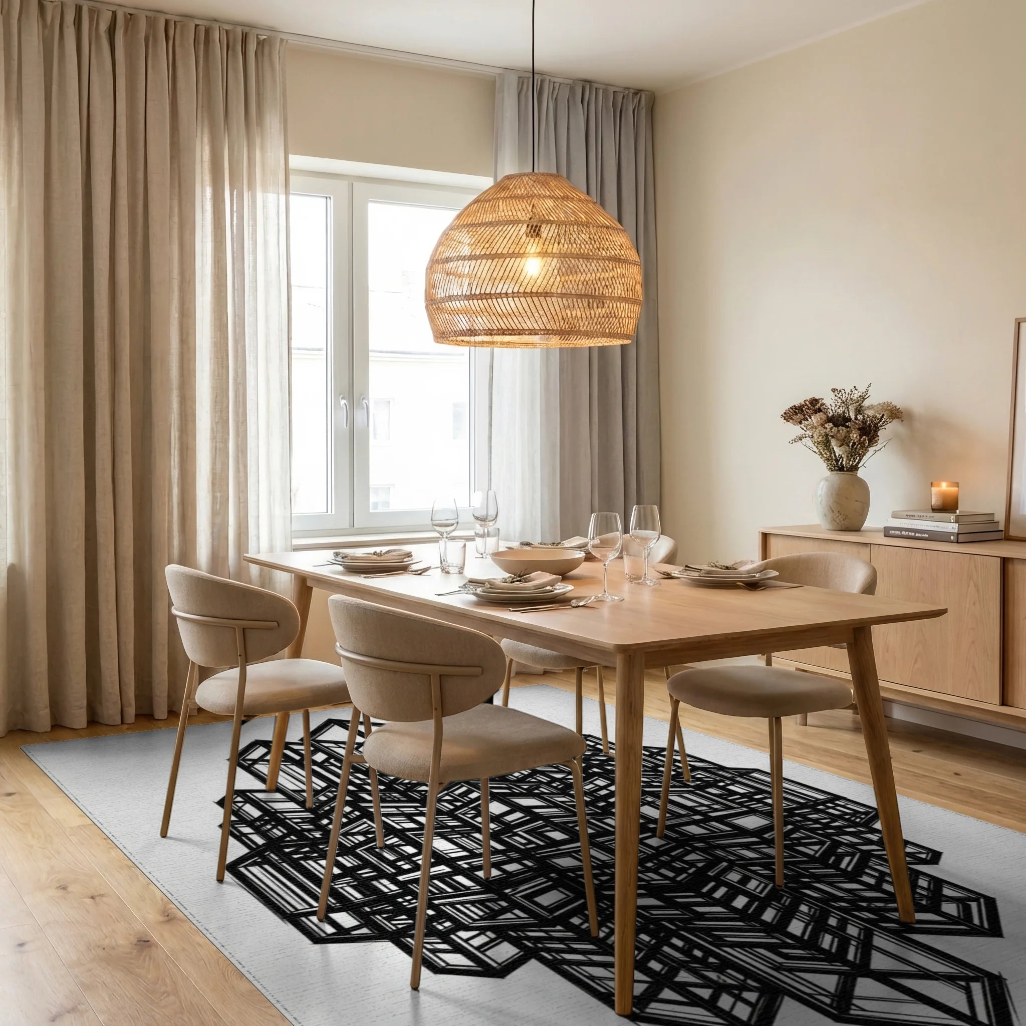 Black White Abstract Rug - dining_room