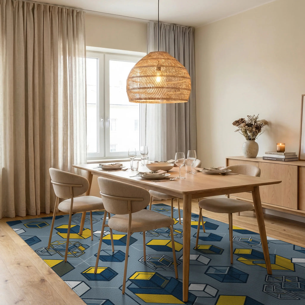 Minimalist Geometric Navy Yellow Grid Rug - dining_room