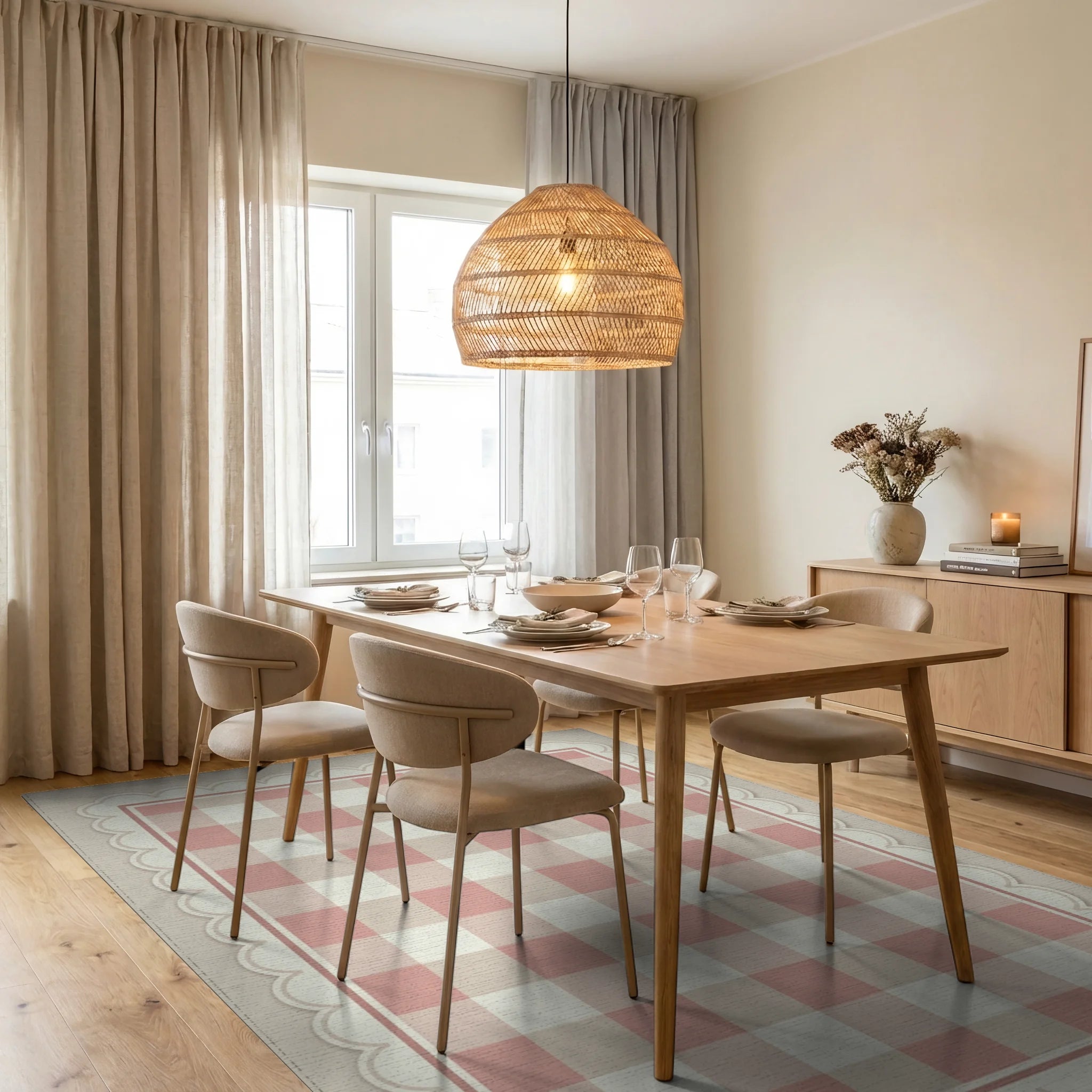 Pink Beige White Rug - dining_room