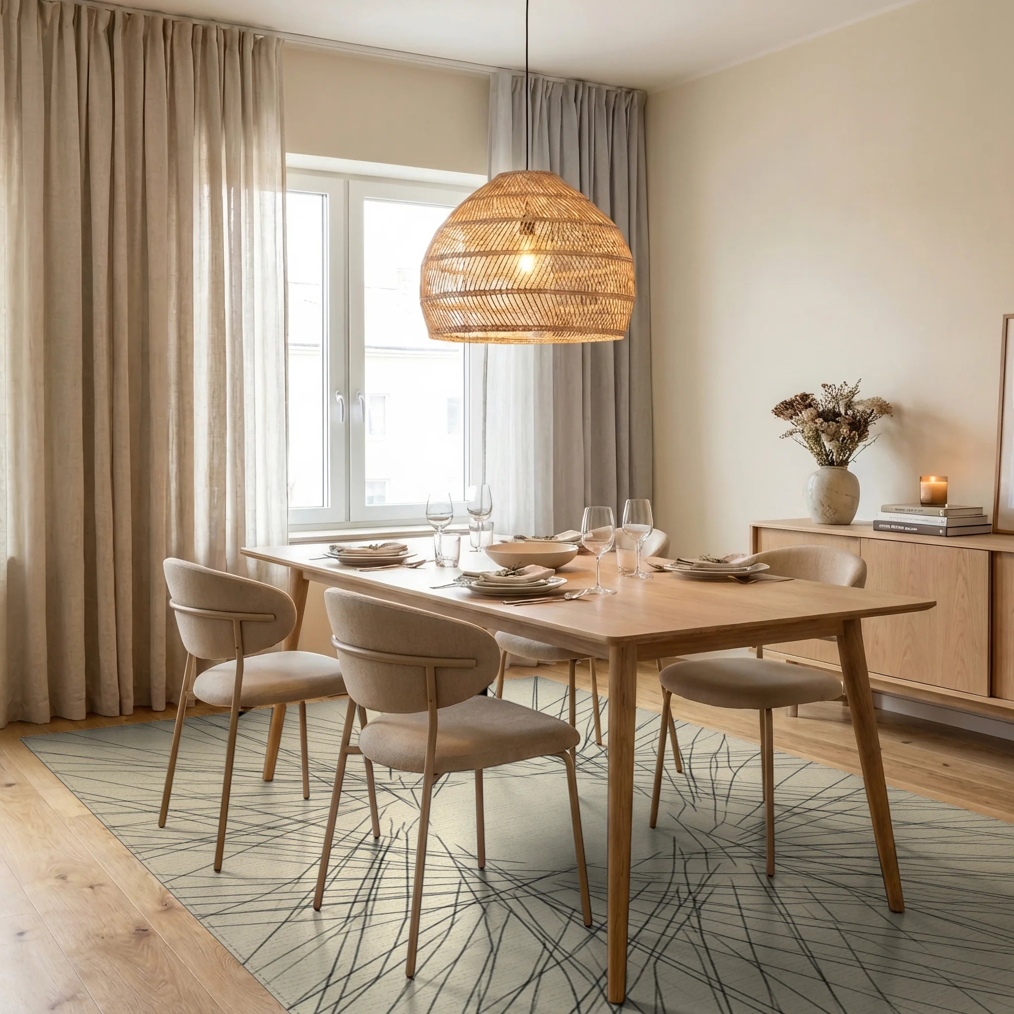 Minimalist Linear Cream and Black Rug - dining_room