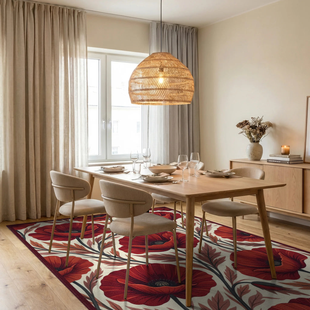 Crimson Red White Rug - dining_room