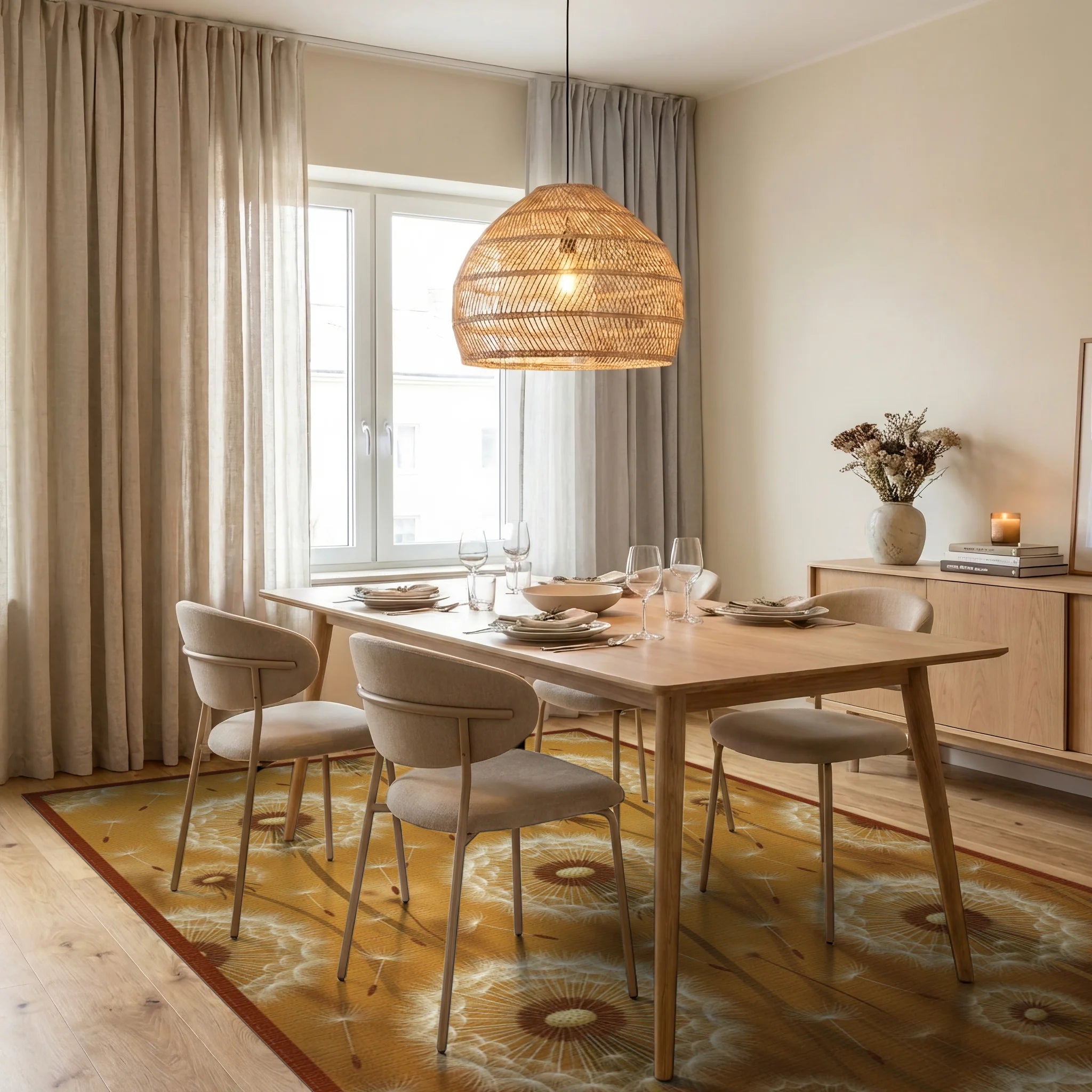 Golden Ochre Dandelion Floral Rug - dining_room