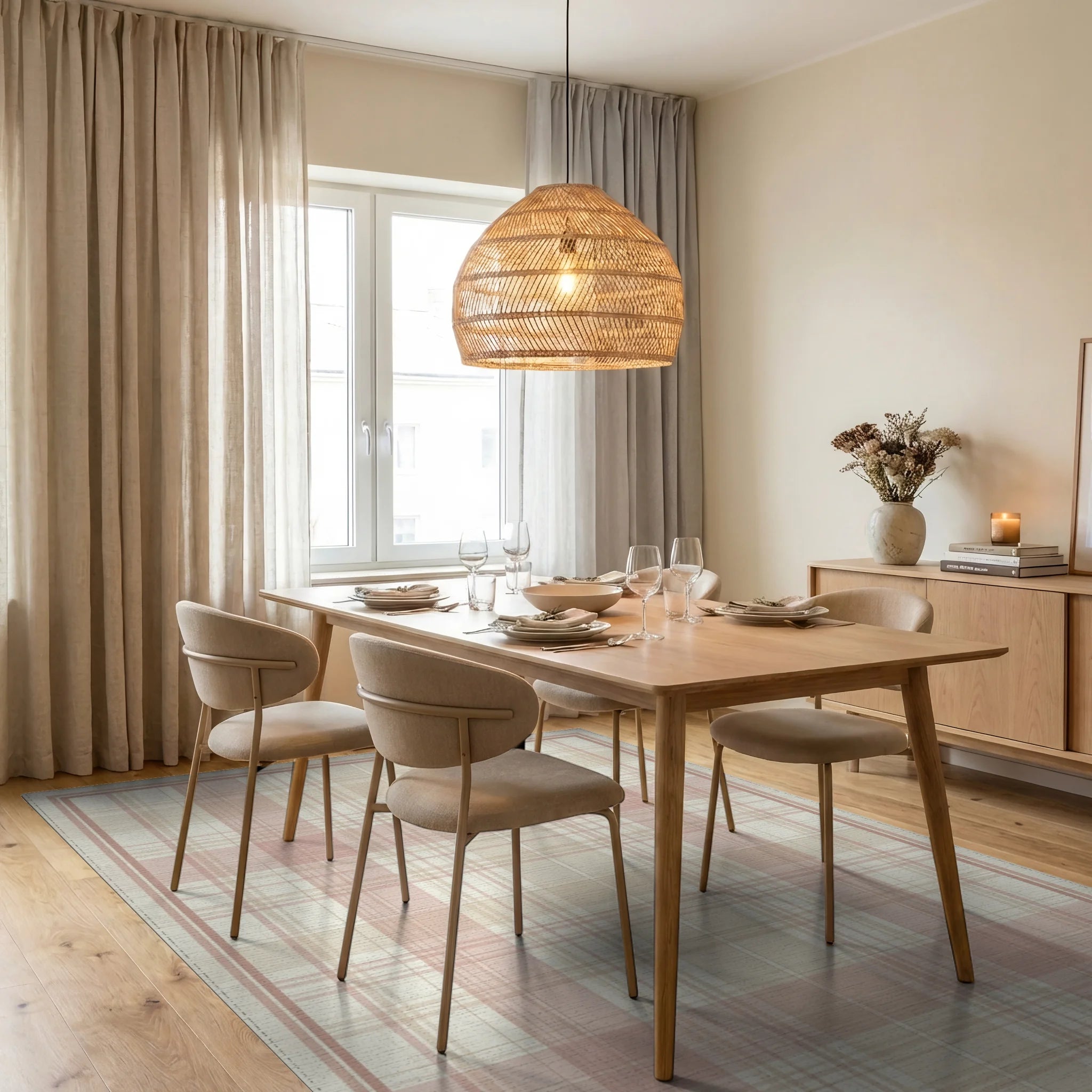 Pink Beige White Rug - dining_room