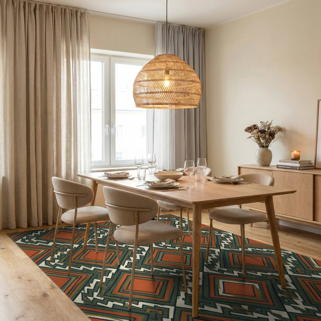 Orange Green White Rug - dining_room